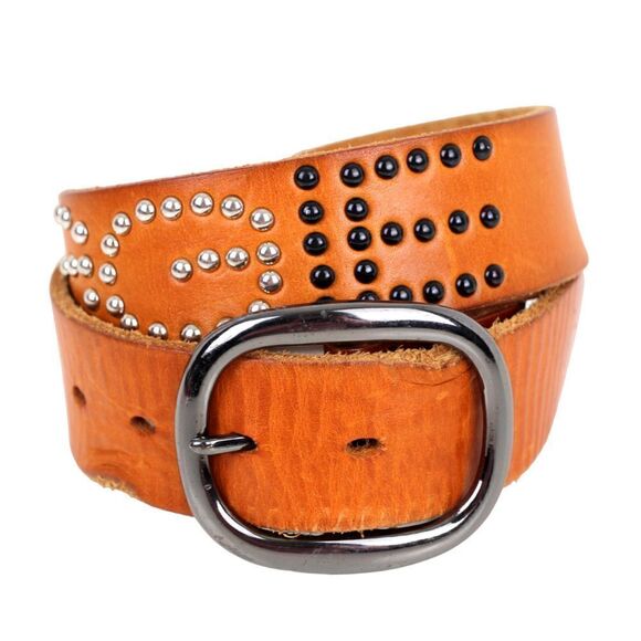 TAN BROWN GENUINE LEATHER 1 3/8"Wd STUDDED CASUAL DRESS WOMEN'S BELT Sz M (E32 - Picture 2 of 12